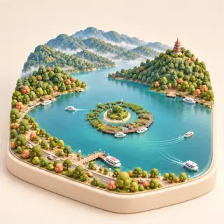 日月潭微縮模型，湖中有拉魯島與遊艇
